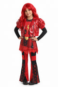 A packaged kids' costume set in clear plastic wrapping, showing a red and black outfit with a jacket, top, and pants on the printed card insert. The packaging includes size checkboxes and text reading 'KIDS COSTUME'.