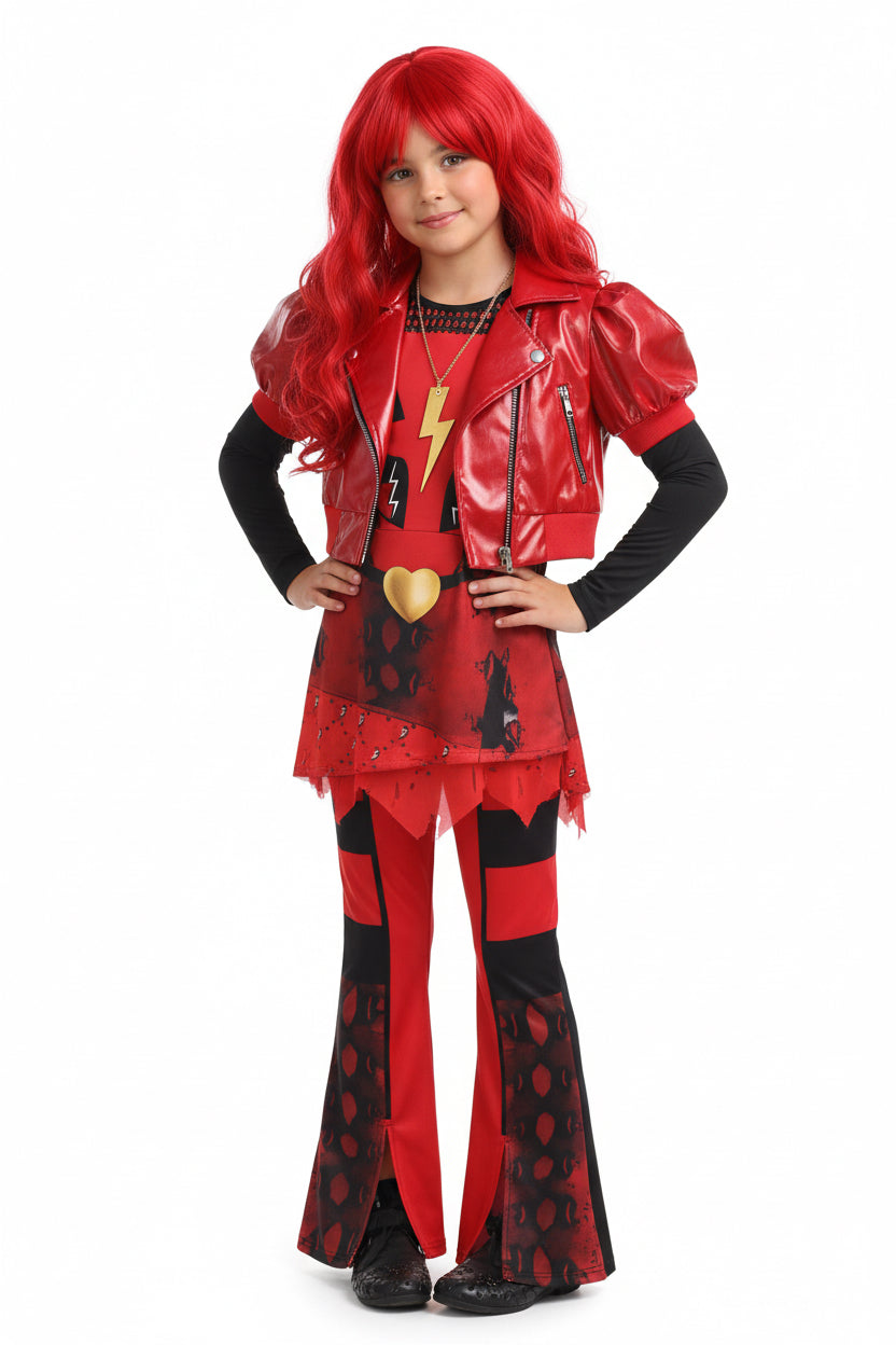 A packaged kids' costume set in clear plastic wrapping, showing a red and black outfit with a jacket, top, and pants on the printed card insert. The packaging includes size checkboxes and text reading 'KIDS COSTUME'.