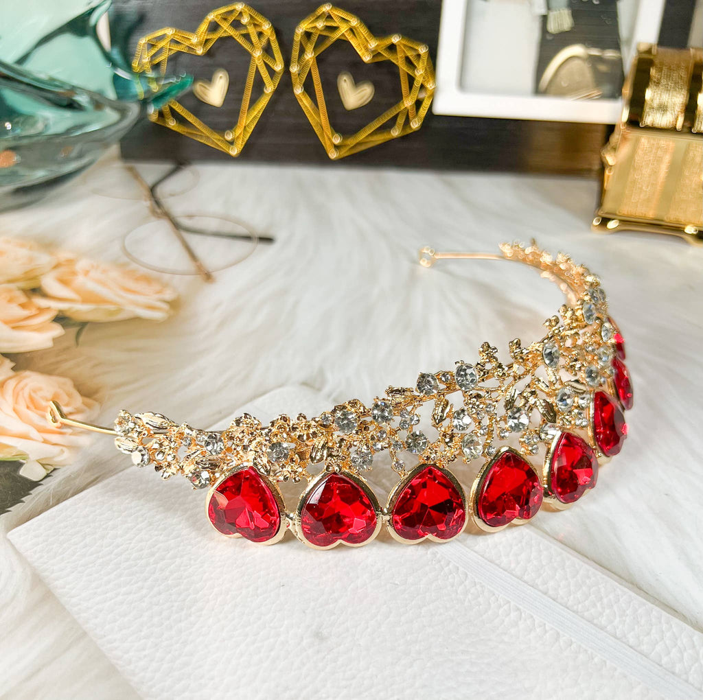 Queen of Heart Tiara, Red Heart Crown, Gold Fairy Headband