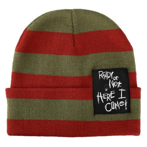 Nightmare On Elm Street Ready Or Not Here I Come Woven Label Striped Cuffed Beanie