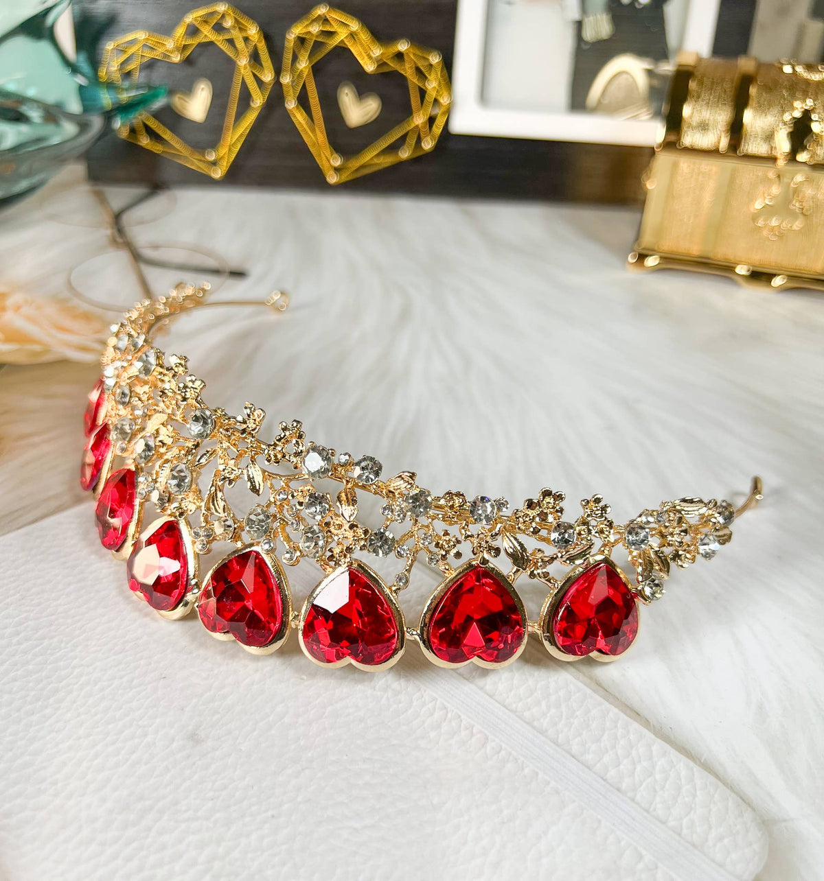 Queen of Heart Tiara, Red Heart Crown, Gold Fairy Headband