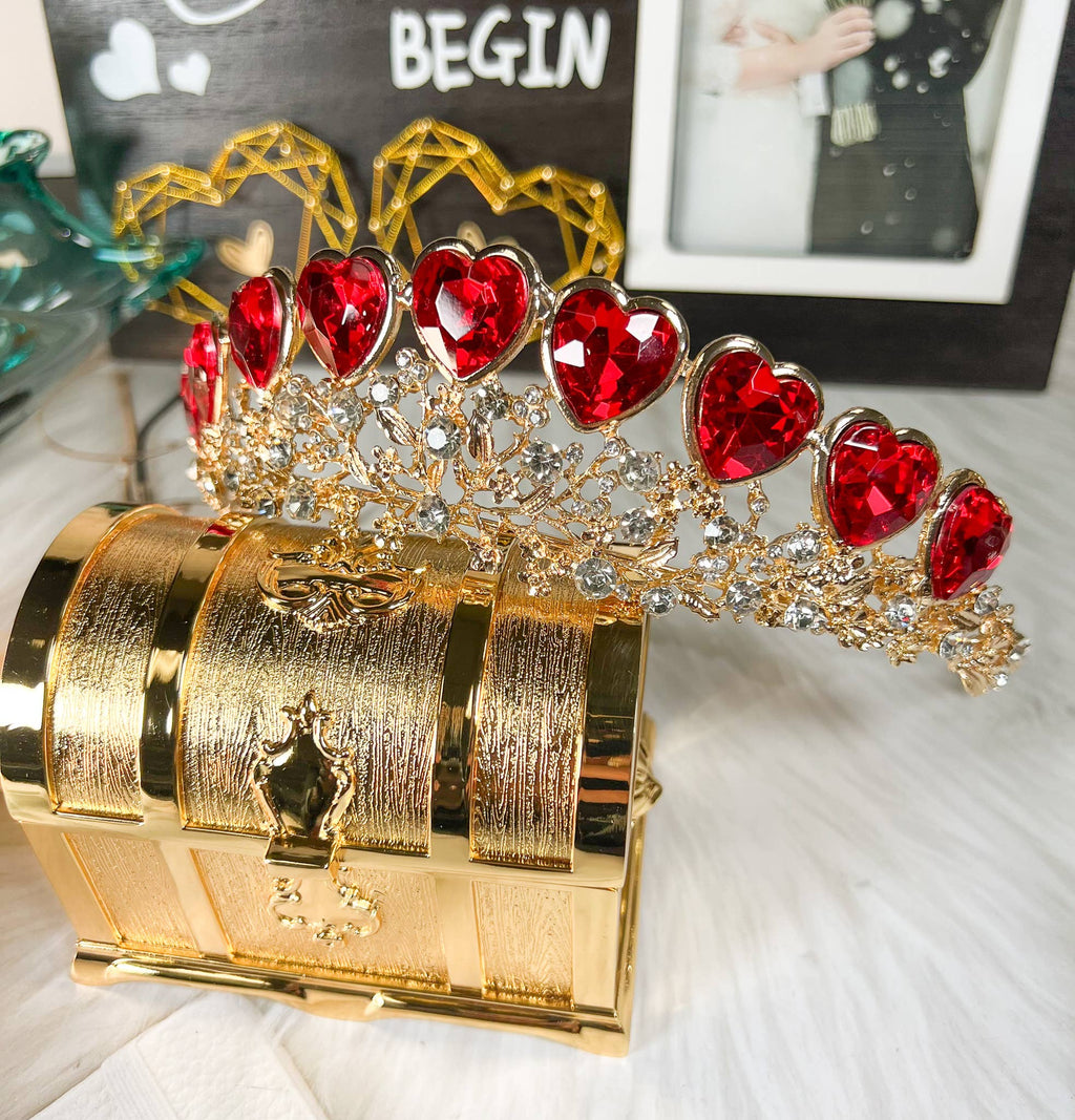 Queen of Heart Tiara, Red Heart Crown, Gold Fairy Headband