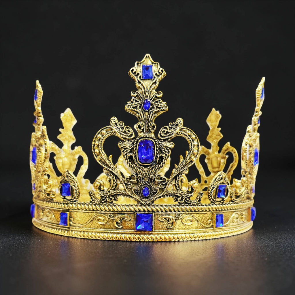 Vintage gold crown, blue stones crown, Halloween costume