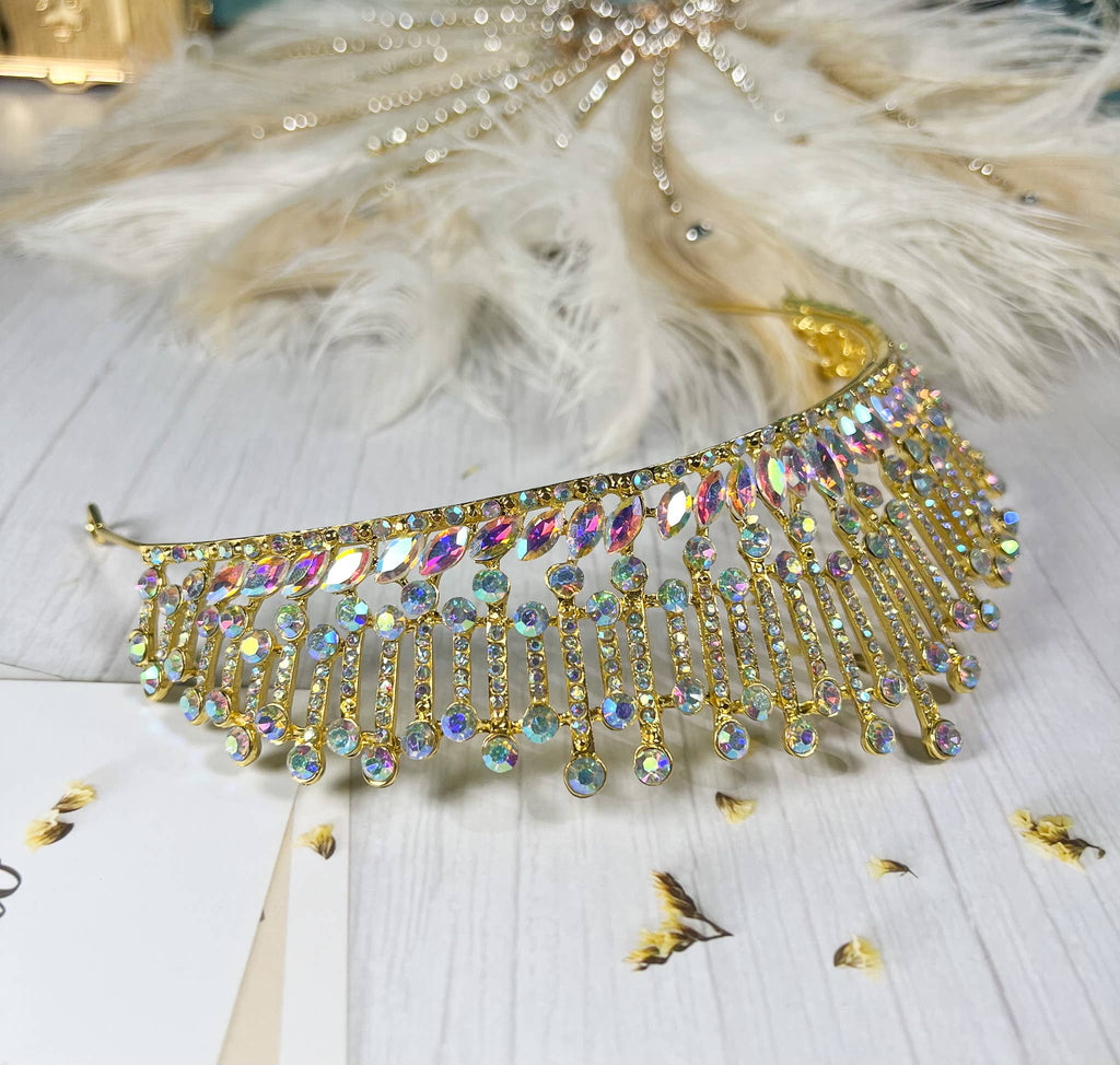 Gold AB Tiara for Women, Prom Headpiece, Rhinestone Crown