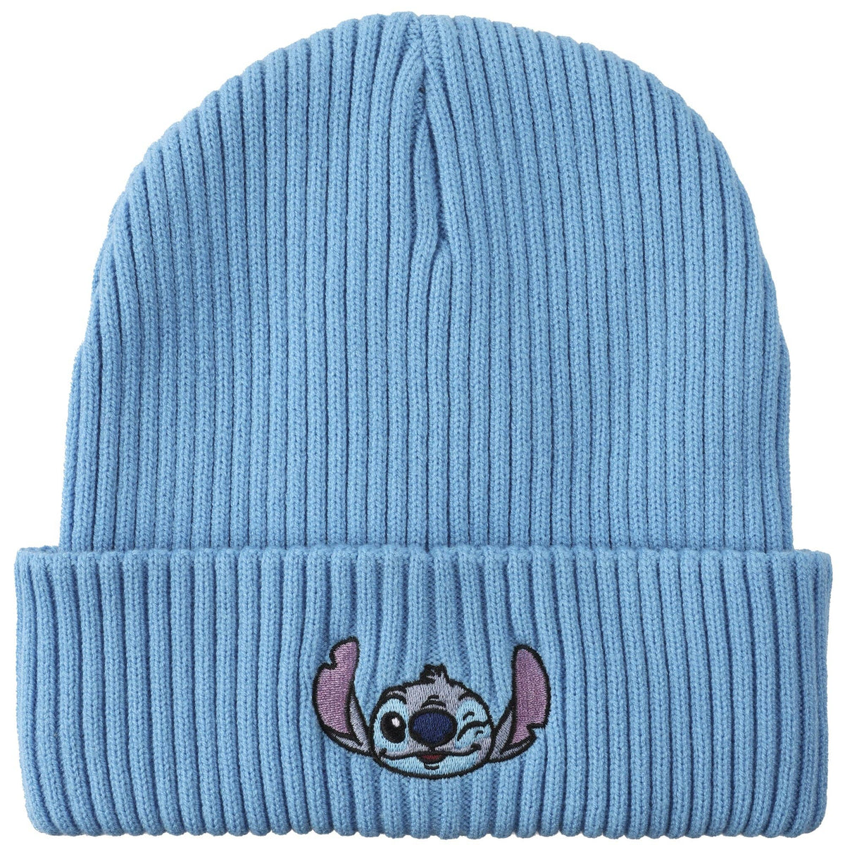 Lilo & Stitch Ribbed Knit Embroidered Stitch On Blue Satin Lined Cuff Beanie