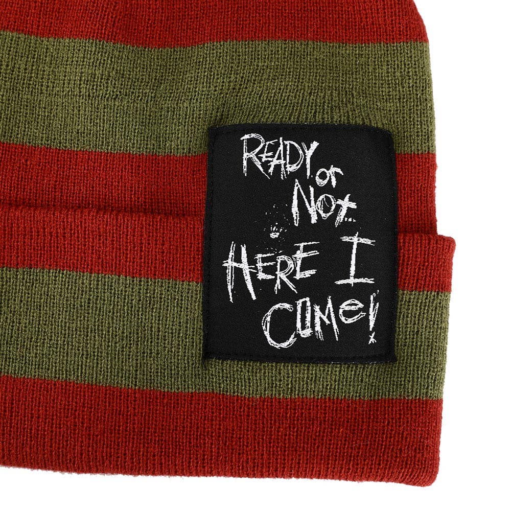 Nightmare On Elm Street Ready Or Not Here I Come Woven Label Striped Cuffed Beanie