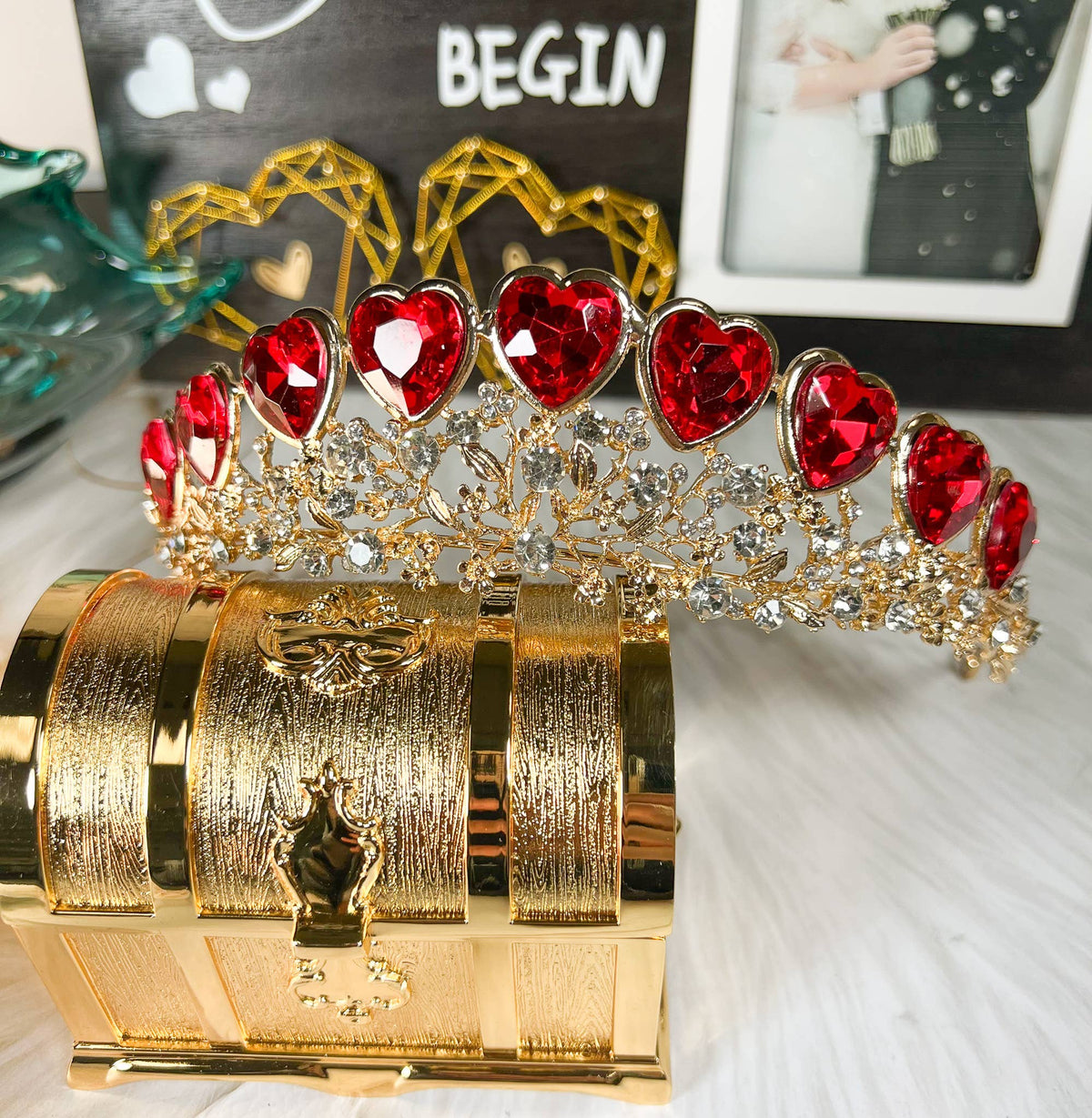 Queen of Heart Tiara, Red Heart Crown, Gold Fairy Headband
