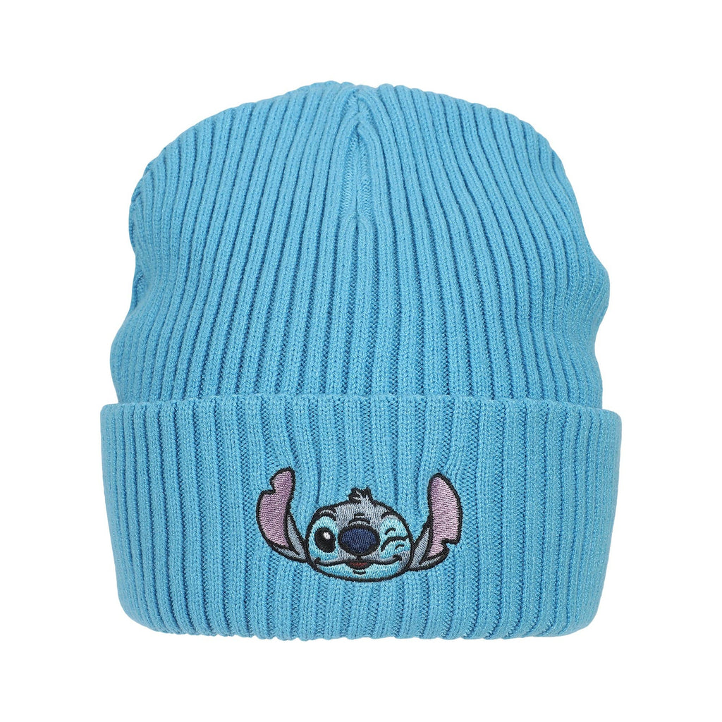 Lilo & Stitch Ribbed Knit Embroidered Stitch On Blue Satin Lined Cuff Beanie