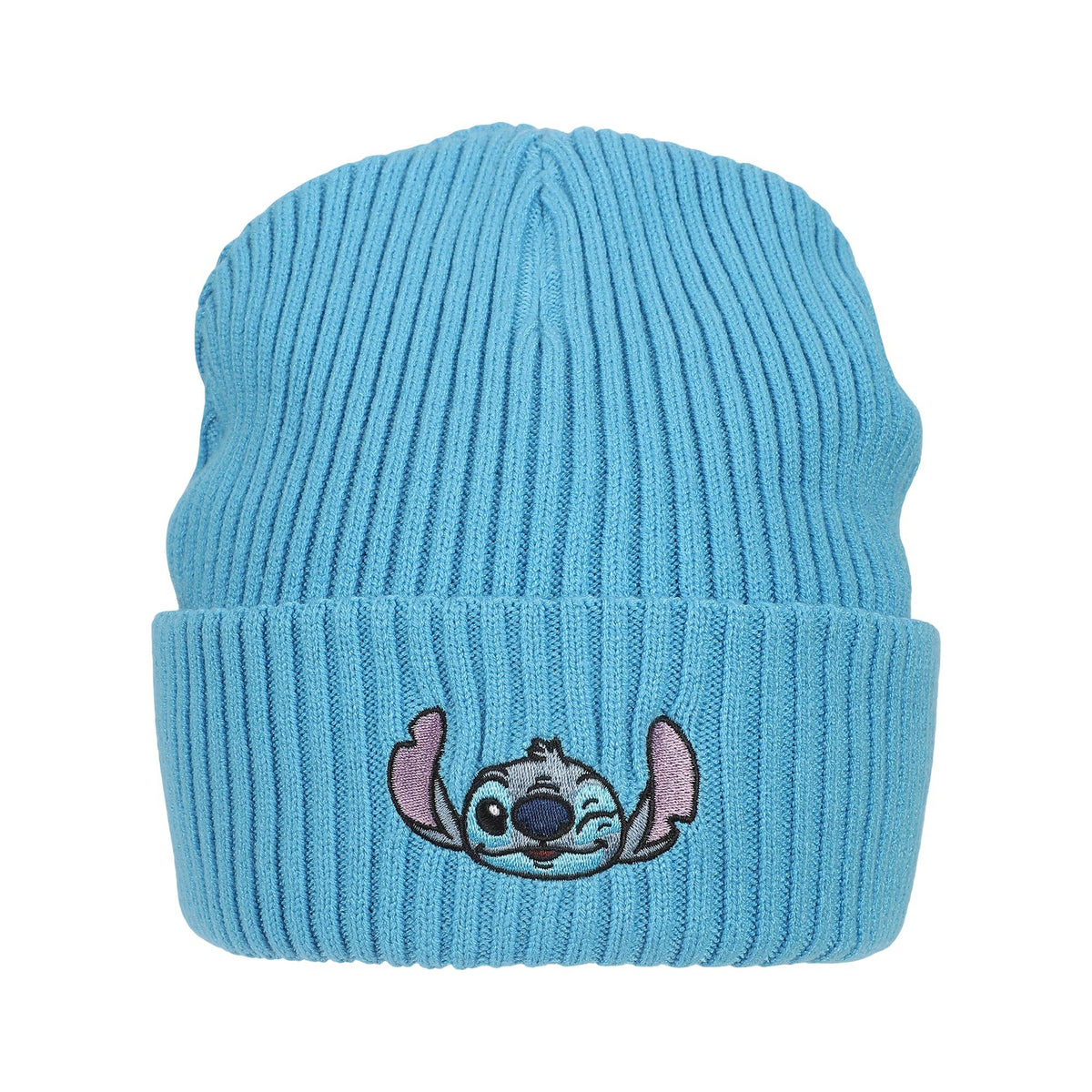 Lilo & Stitch Ribbed Knit Embroidered Stitch On Blue Satin Lined Cuff Beanie
