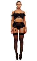 Princess Treatment Draped Mesh Bra and Garter Skirt Lingerie Set - Black
