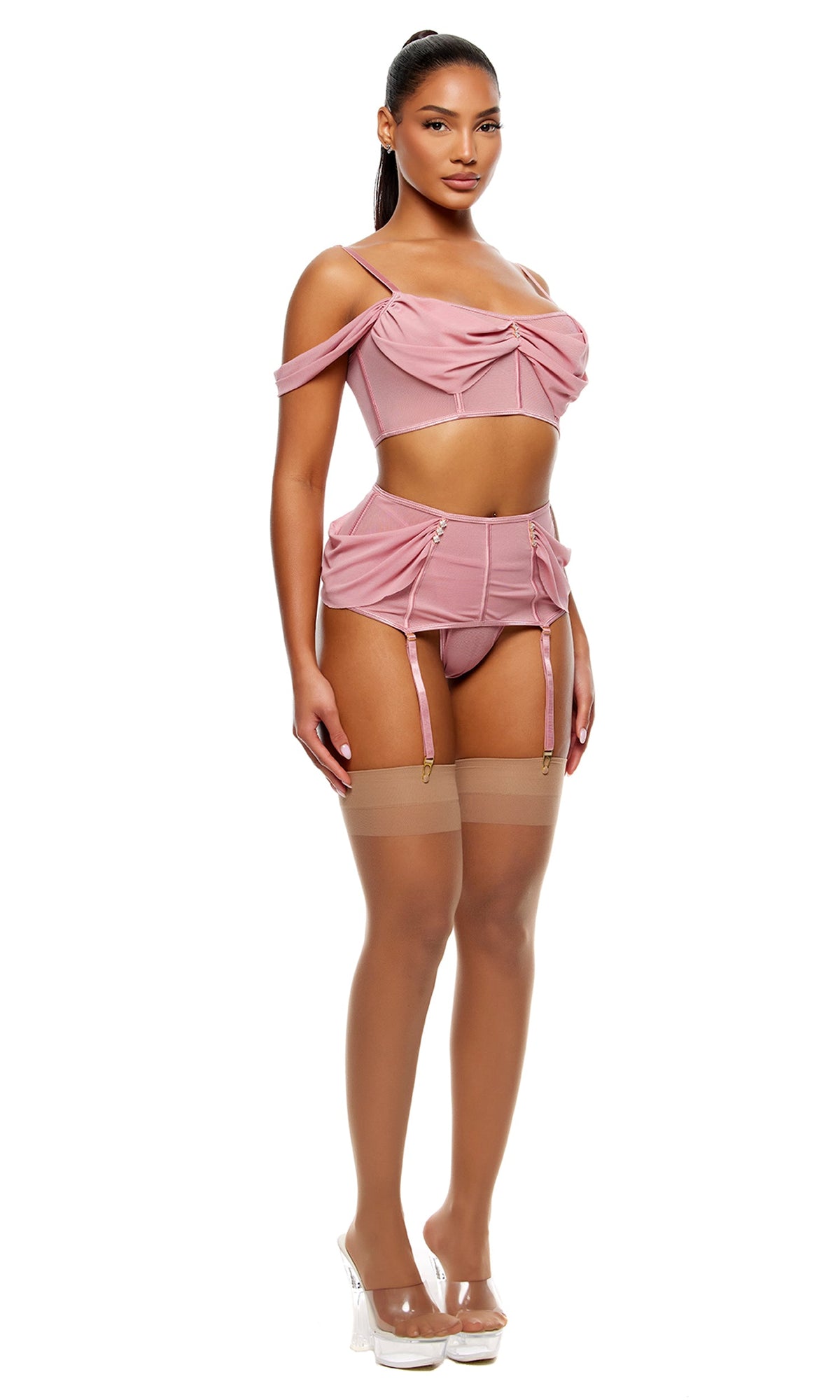 Princess Treatment Draped Mesh Bra and Garter Skirt Lingerie Set - Mauve