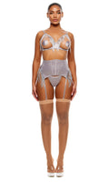 Peep Show Sequin Fringe Bra and Waist Cincher Lingerie Set - Silver