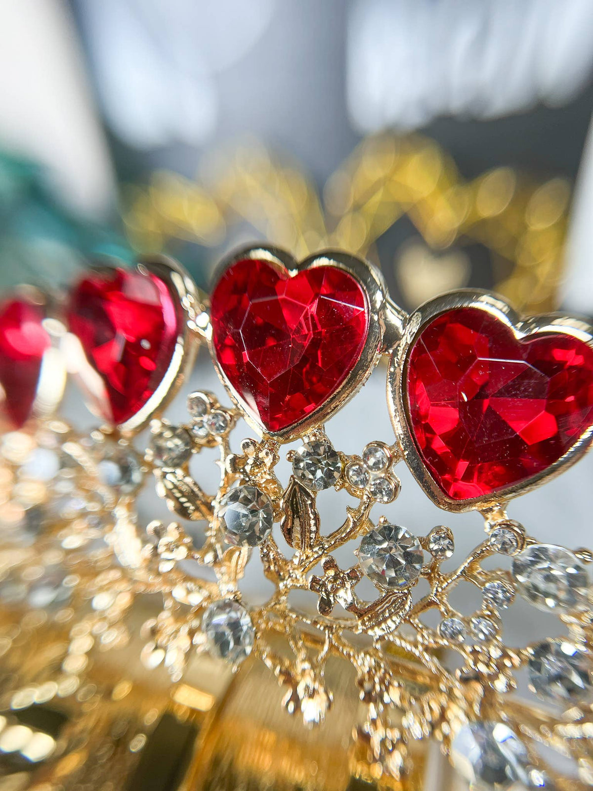 Queen of Heart Tiara, Red Heart Crown, Gold Fairy Headband