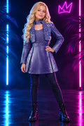A packaged kids costume labeled 'KIDS COSTUME' and 'Size: 10', showing a purple two-piece outfit with a cropped jacket and matching top on a mannequin-style print, sealed in clear plastic.