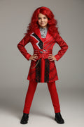 A kids' costume displayed on a mannequin inside its retail packaging, featuring a shiny red jacket with black and silver accents, matching red pants, and a silver necklace. The packaging includes a size chart on the right side.