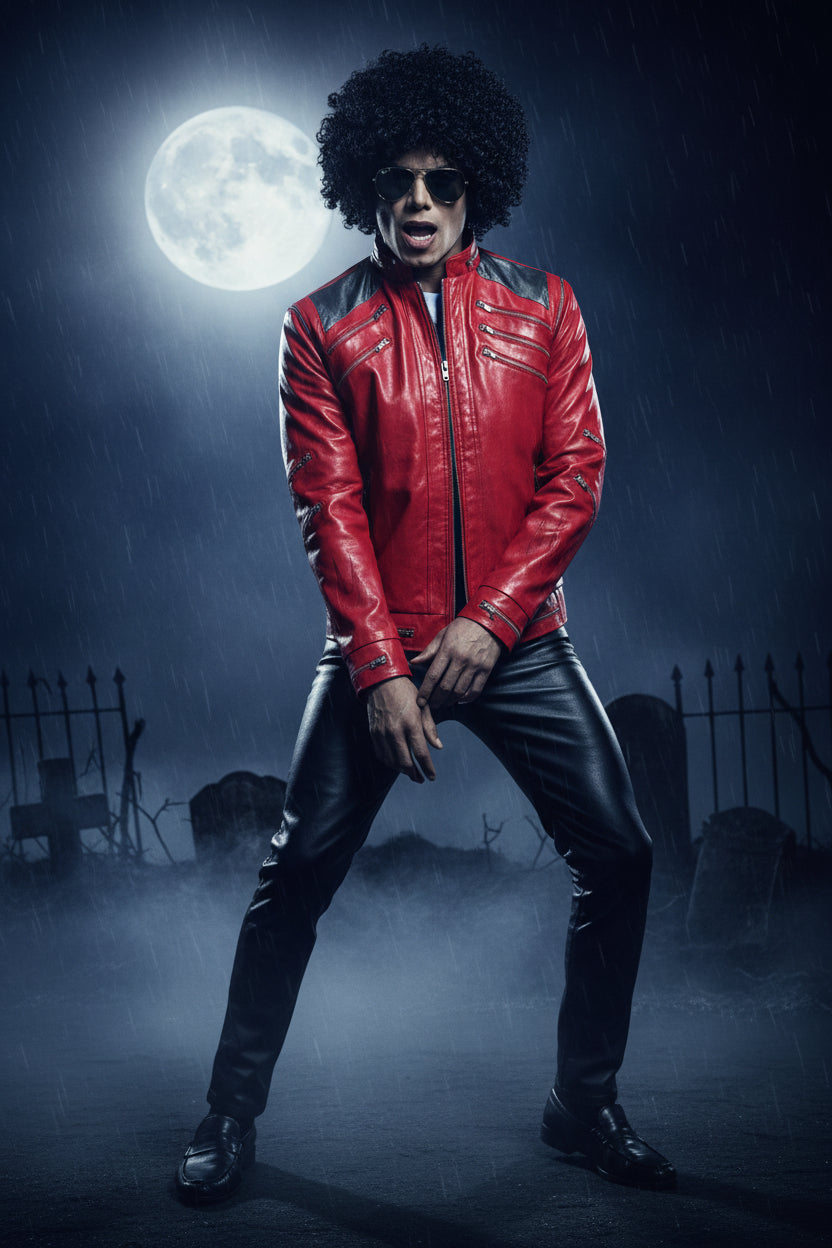 A glossy red faux-leather motorcycle jacket with black shoulder panels and silver zippers, displayed on a mannequin against a light background.