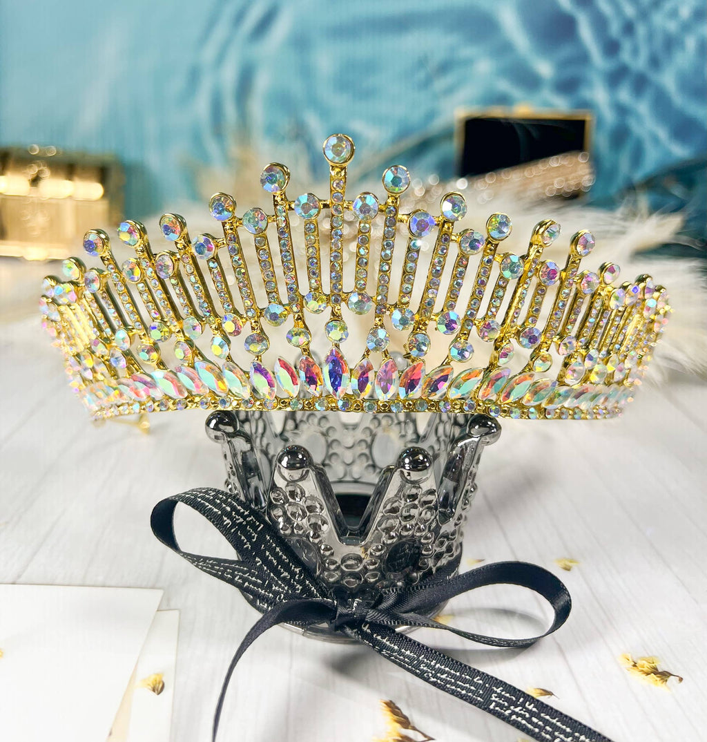 Gold AB Tiara for Women, Prom Headpiece, Rhinestone Crown