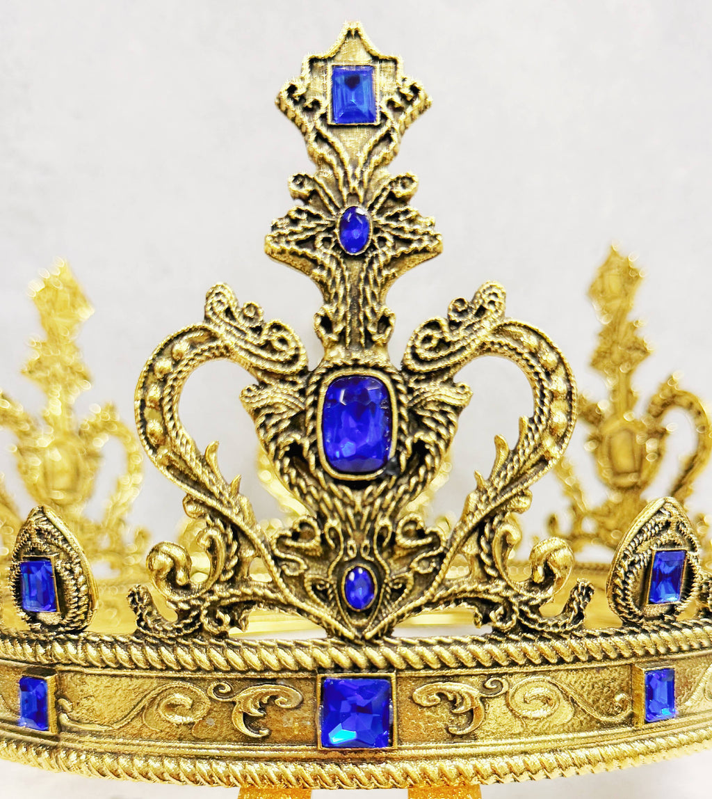 Vintage gold crown, blue stones crown, Halloween costume