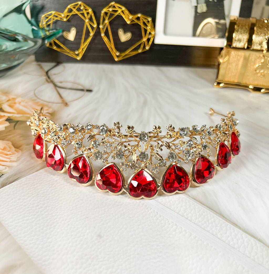 Queen of Heart Tiara, Red Heart Crown, Gold Fairy Headband