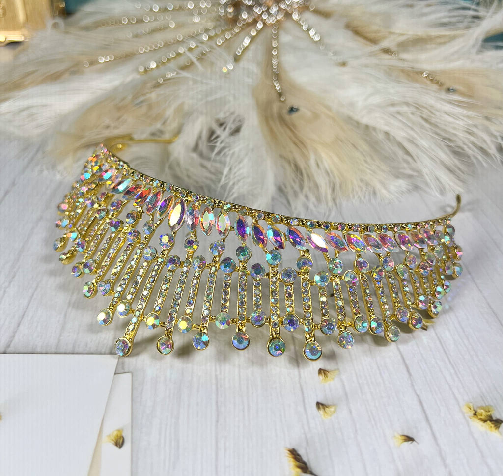 Gold AB Tiara for Women, Prom Headpiece, Rhinestone Crown