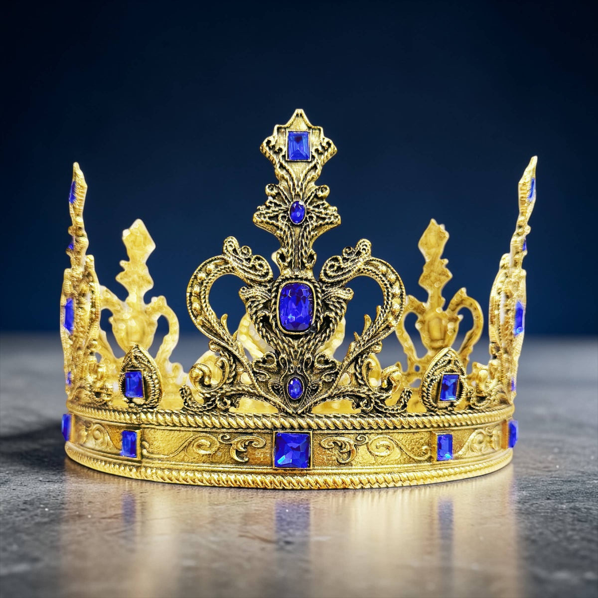 Vintage gold crown, blue stones crown, Halloween costume
