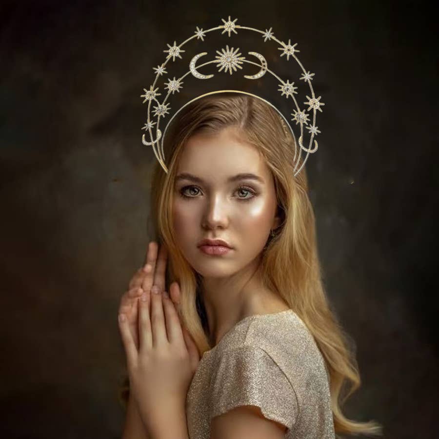 Sun Moon Stars Goddess Crown Halo Headband, Boho Headpiece