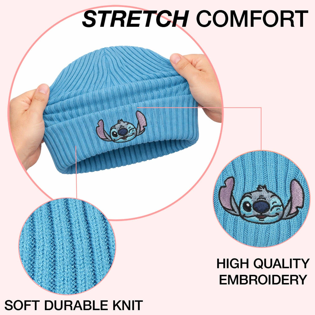 Lilo & Stitch Ribbed Knit Embroidered Stitch On Blue Satin Lined Cuff Beanie