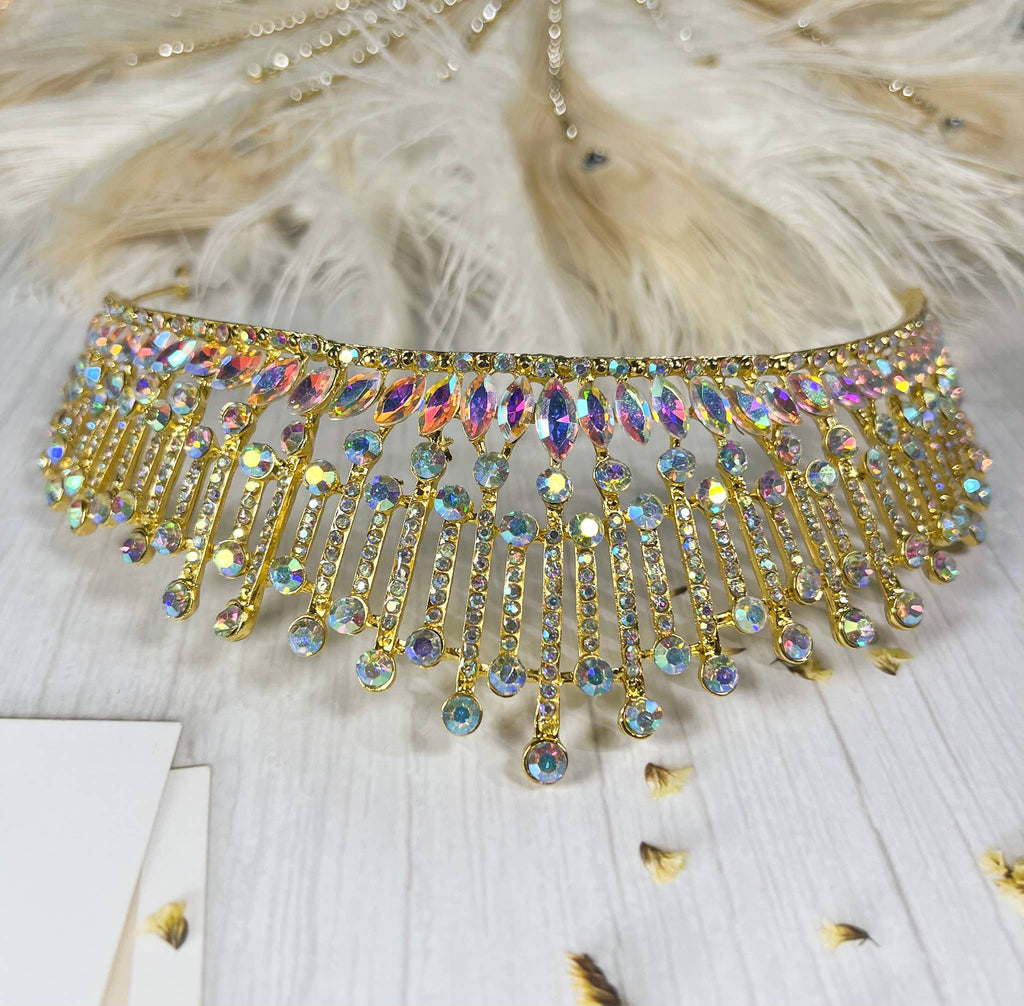 Gold AB Tiara for Women, Prom Headpiece, Rhinestone Crown