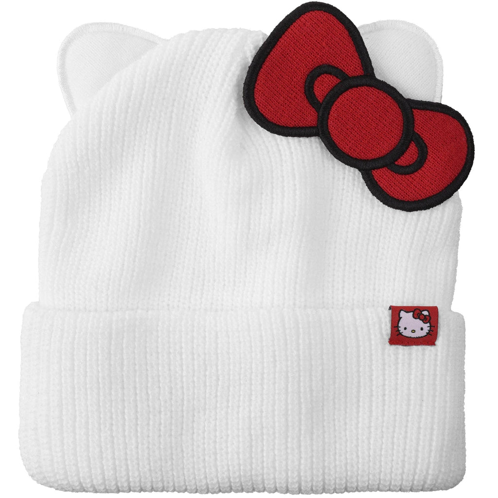 Hello Kitty Novelty Ear White Acrylic Beanie With Cut Fabric Bow With Embroidery And Red Woven Label Cuff Beanie
