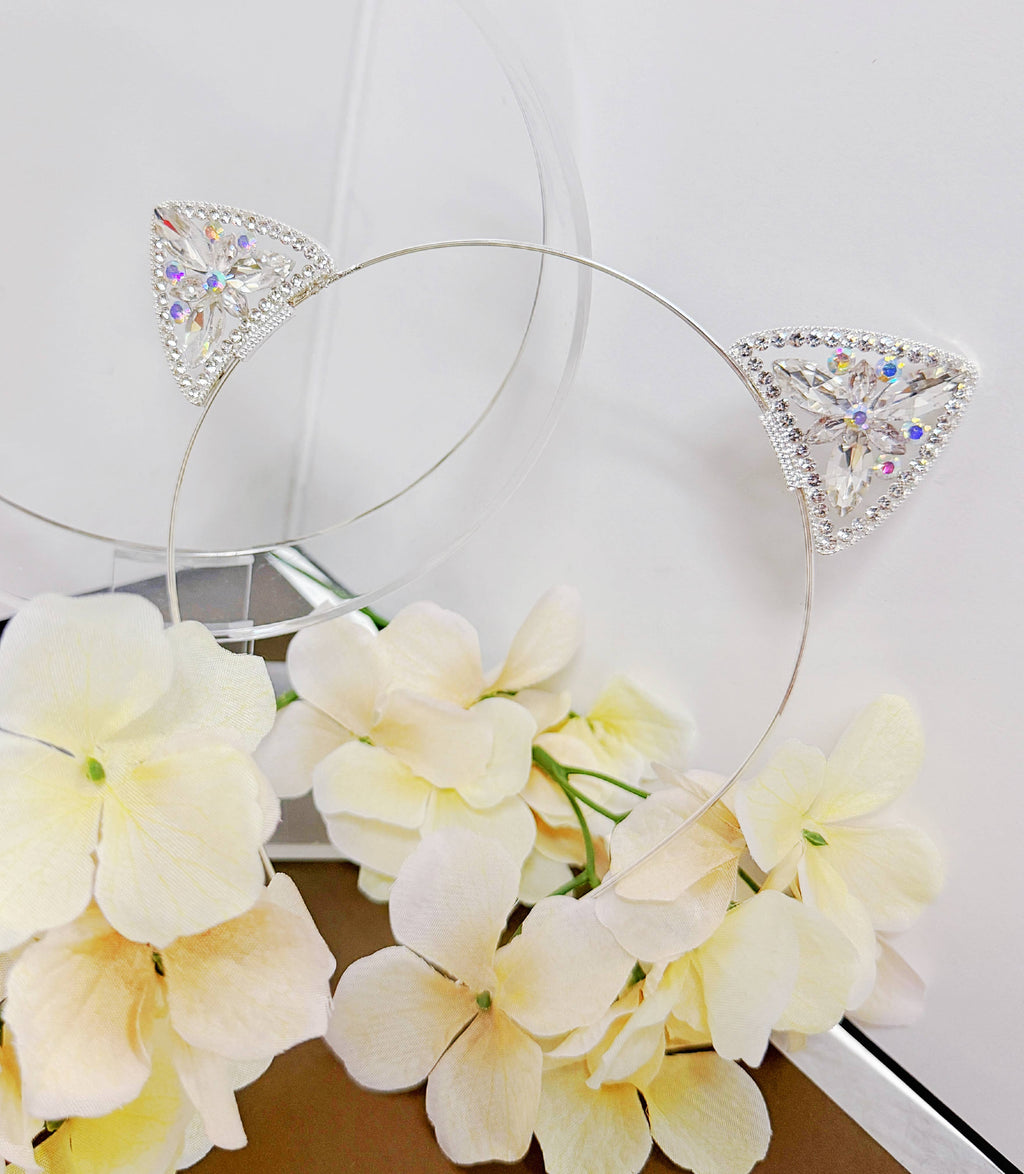 Crystal Cat Ear Headband, Costume Party, Silver Headdress